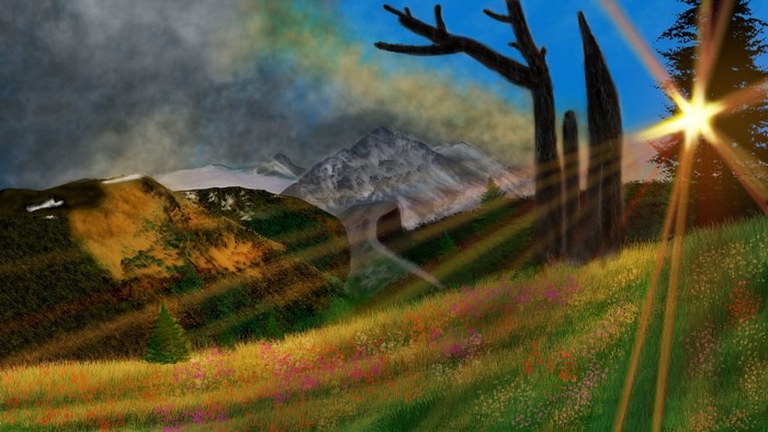 Digital painting of a mountain landscape with sun rays