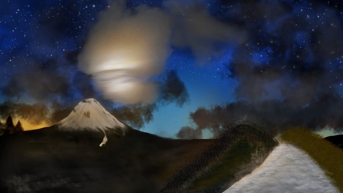 Digital painting of a snowy mountain under a starry night sky