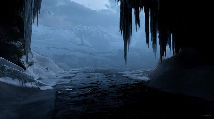 Kratos from God of War in a winter landscape