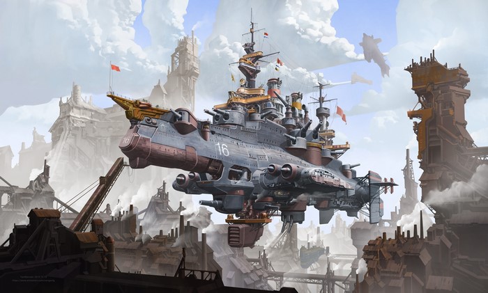 Steampunk airship in a cloudy industrial city