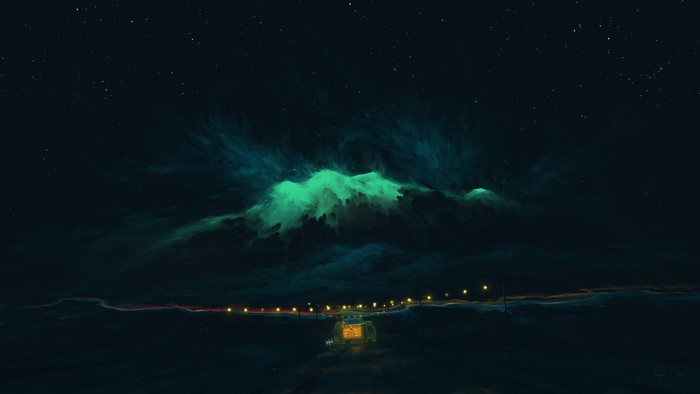 Night sky with green clouds and a small illuminated structure