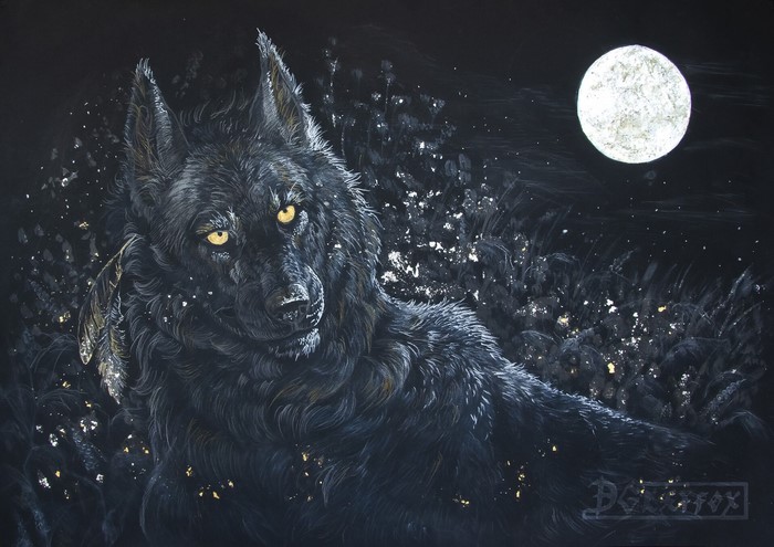 Black wolf with yellow eyes under moonlight