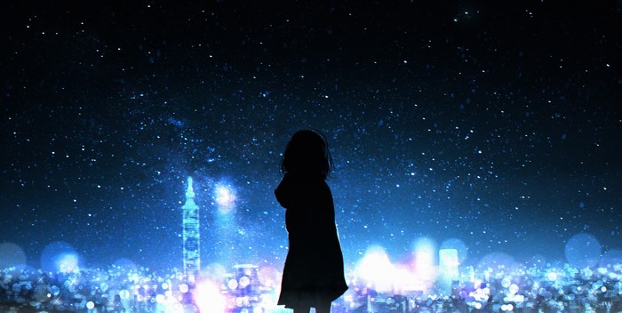 Anime girl silhouette against starry sky and city lights