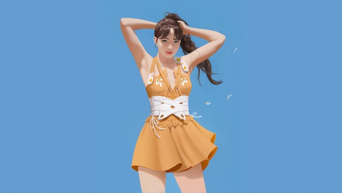 Artwork of a woman with long hair in a yellow dress