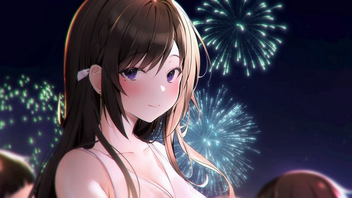 Anime girl with purple eyes watching fireworks