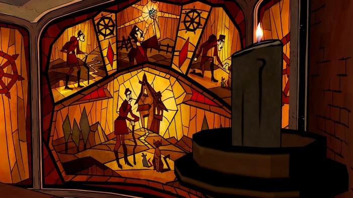 Stained glass window with figures and a candle
