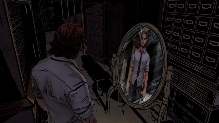 Bigby Wolf from The Wolf Among Us looking in a mirror