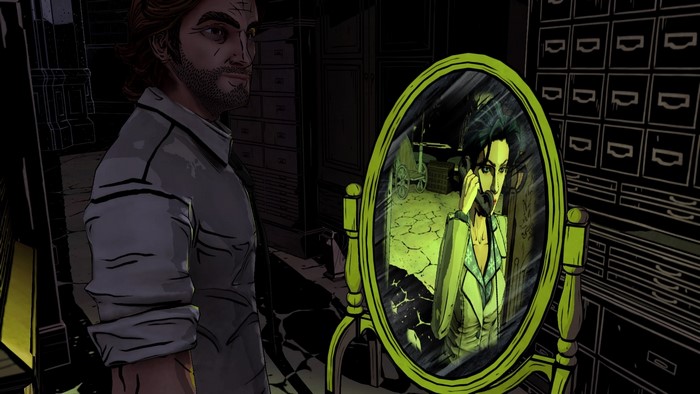 Bigby Wolf and a woman in a mirror from The Wolf Among Us