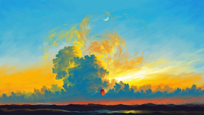 Digital art landscape with hot air balloon and moon