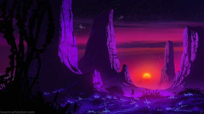 Alien landscape with rock formations at sunset