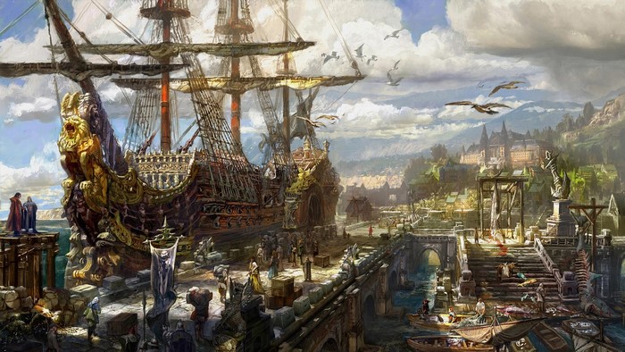 Artwork of a large sailing ship docked at a bustling port