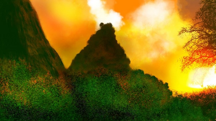 Digital painting of a mountain landscape at sunset