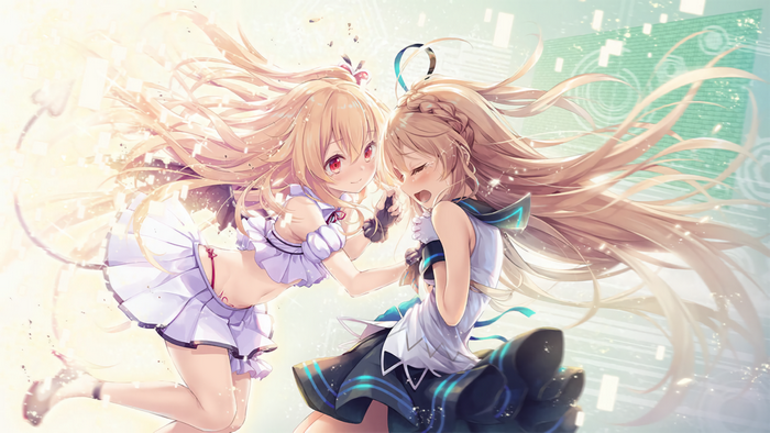 Two anime girls with blonde hair, one crying, one smiling