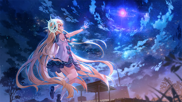 Anime girl with blonde hair reaching for the stars