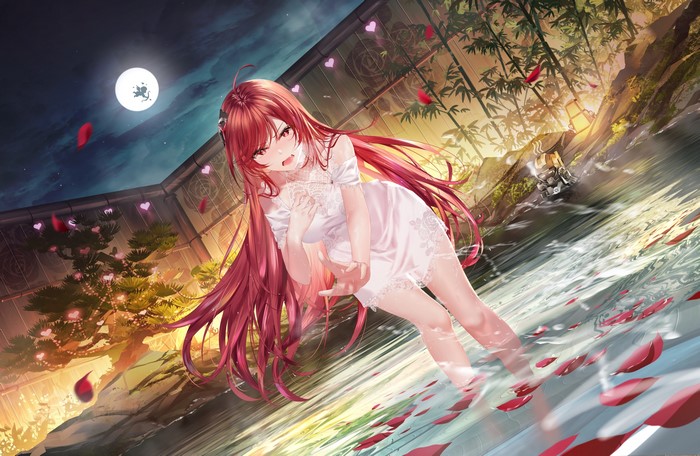 Anime girl with red hair in a white dress in a hot spring