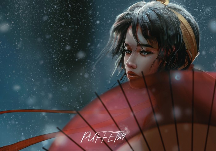 Woman with umbrella in snow