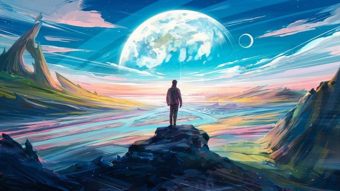 Man standing on rock overlooking alien landscape with large moon