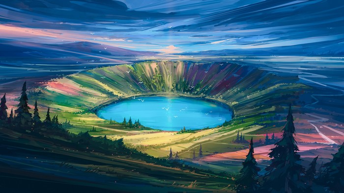 Digital painting of a crater lake landscape with birds