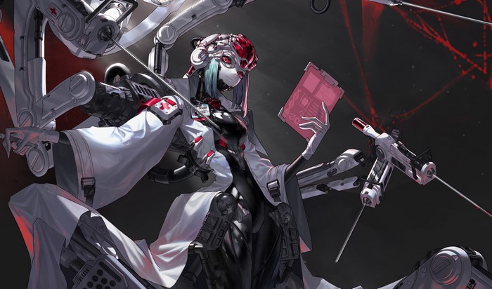 Cyborg doctor with robotic arms holding a tablet