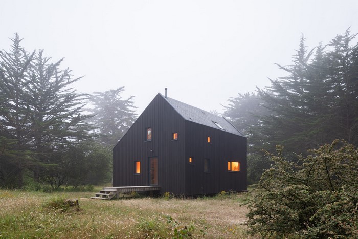 Dark modern house in a misty forest with grass