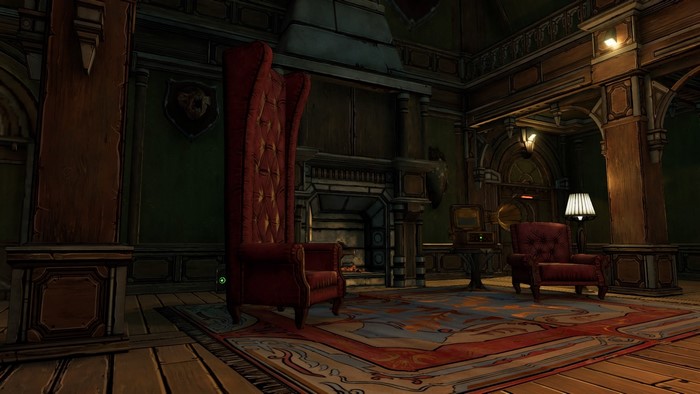 Interior of a room with two armchairs and a fireplace