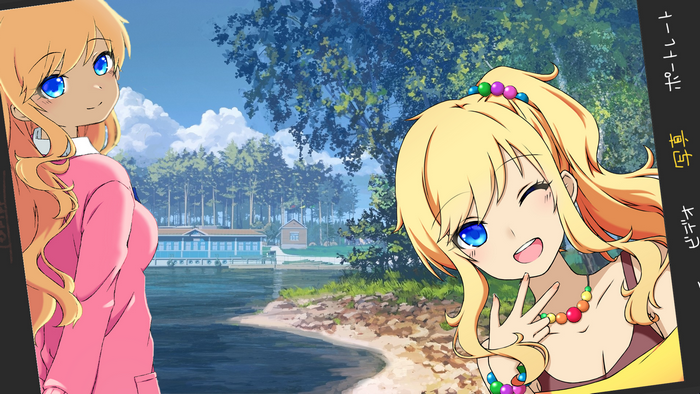 Two anime girls with blonde hair and blue eyes at a lake