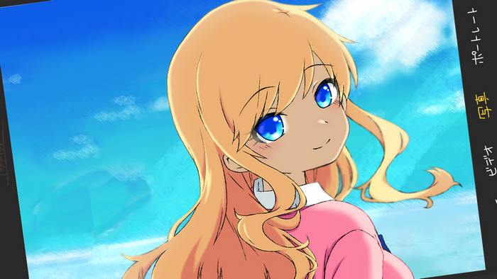 Anime girl with blonde hair and blue eyes on a beach