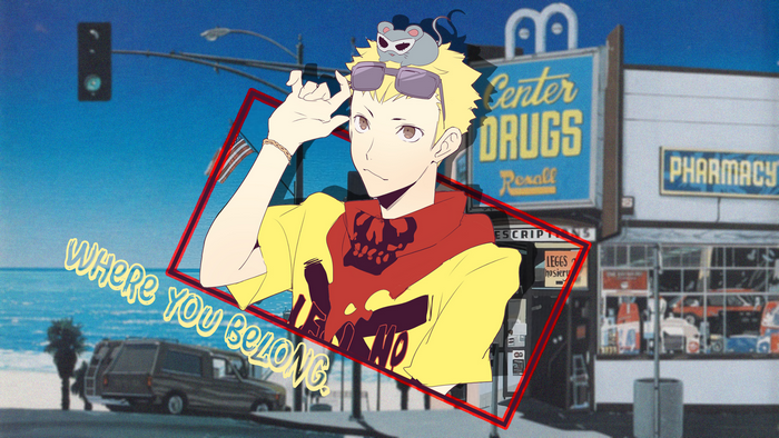 Ryuji Sakamoto from Persona 5 with a mouse on his head