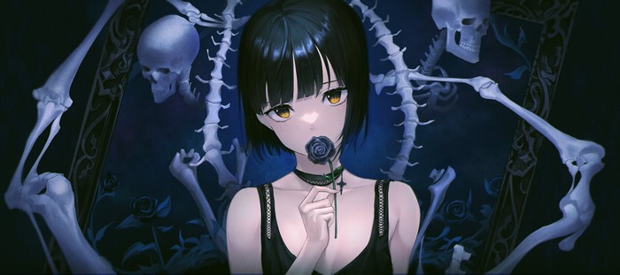 Anime girl with black hair and yellow eyes holding a black rose