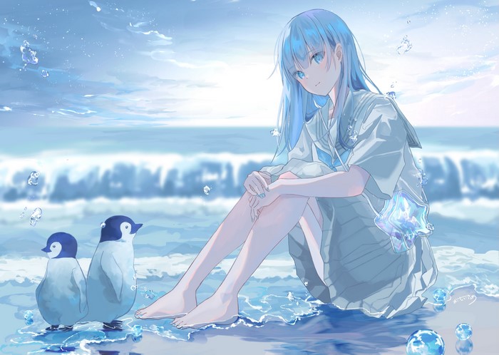 Anime girl with blue hair and penguins on the beach