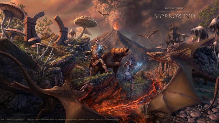 The Elder Scrolls Online: Morrowind artwork with characters and dragons