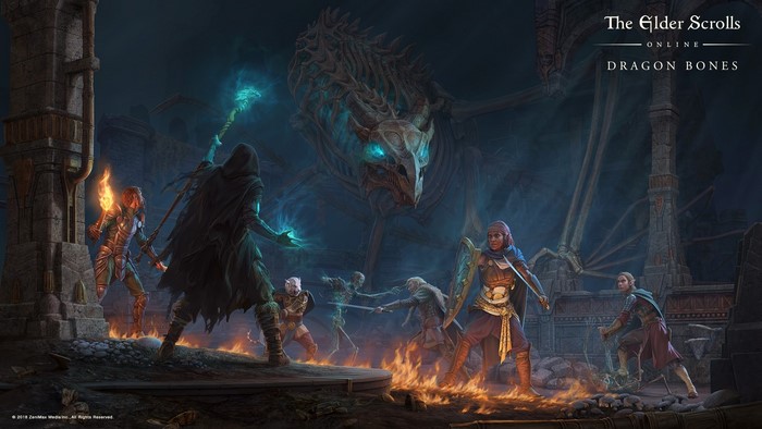 The Elder Scrolls Online: Dragon Bones characters fight skeleton dragon