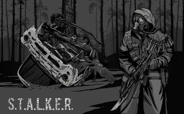 S.T.A.L.K.E.R. character with rifle and wrecked vehicle