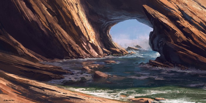 Digital painting of a sea cave with ocean waves