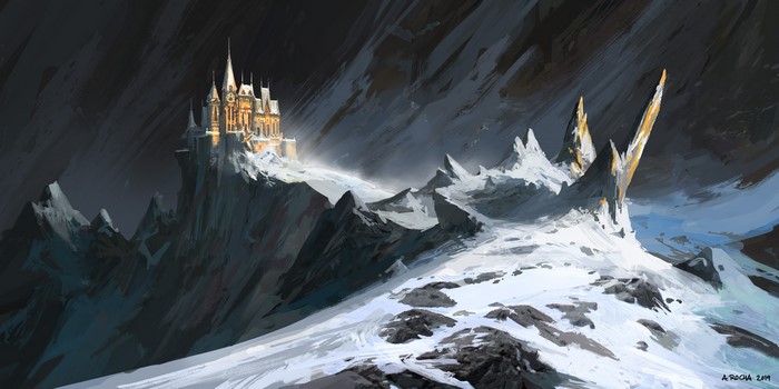 Castle on a snowy mountain peak by Andreas Rocha