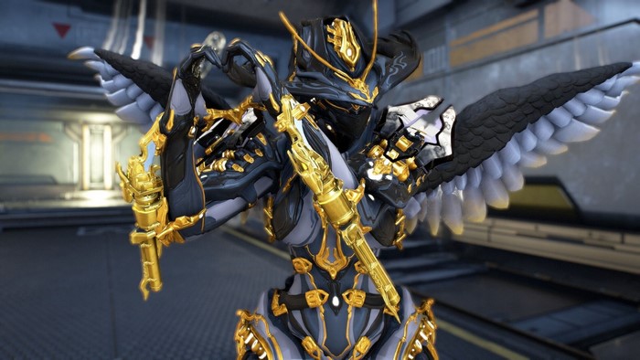 Warframe character with golden accents and wings