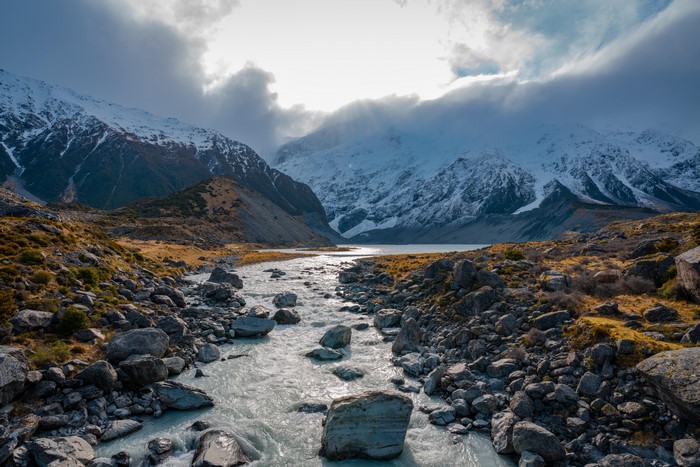 4K New Zealand River and Snow-Capped Mountains