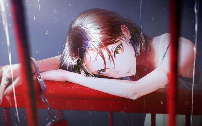 Artwork of a handcuffed woman with brown eyes