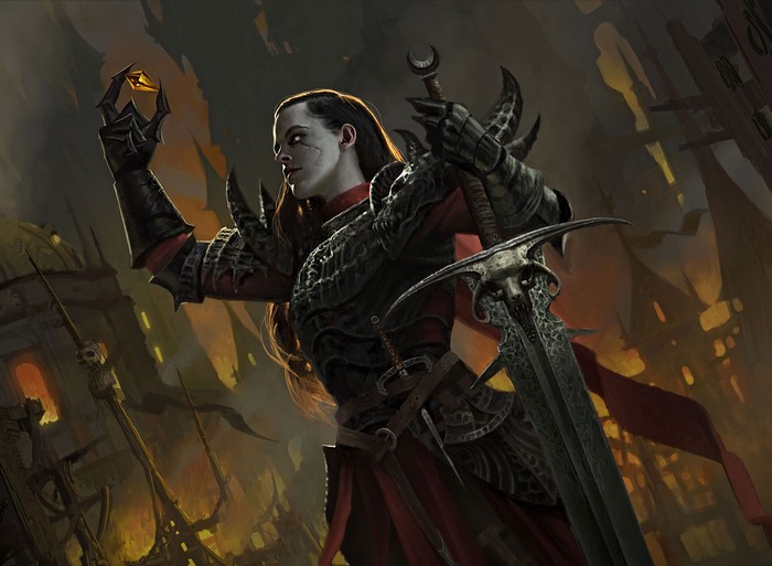 Woman in fantasy armor holding a gem with a sword