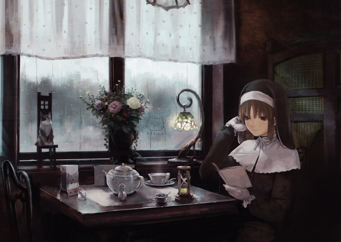 Anime nun reading a book by the window on a rainy day