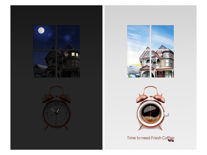Night and Morning House with Alarm Clock and Coffee
