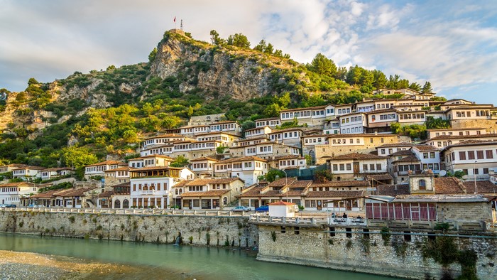 Berat, Albania cityscape with Ottoman architecture