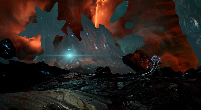 Warframe screenshot of a desolate alien landscape