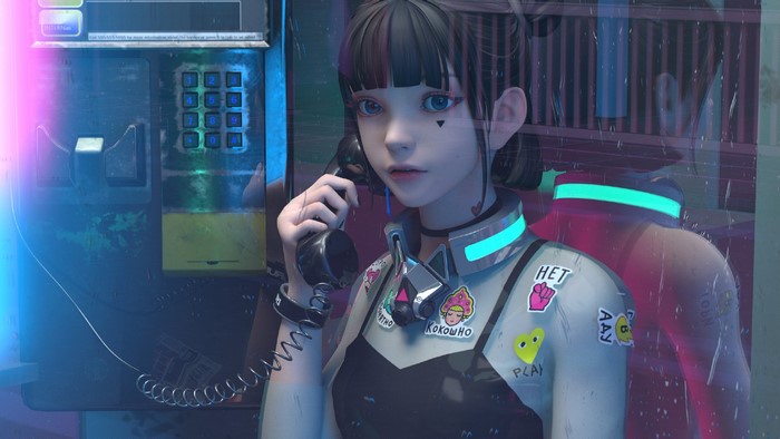Anime girl in a phone booth with neon lights