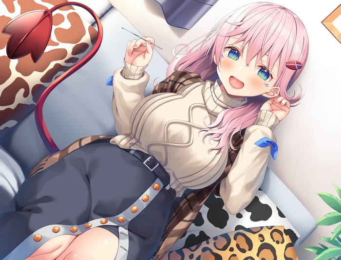 Anime girl with pink hair and blue eyes wearing a sweater