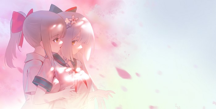 Anime girls in school uniforms with cherry blossoms