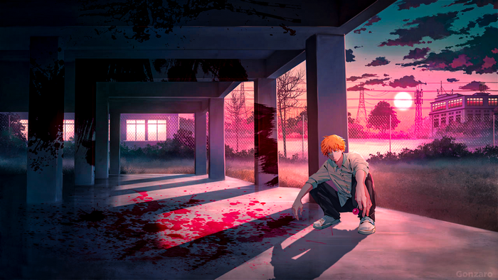 Denji from Chainsaw Man in a blood-stained area