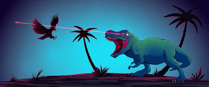 Tyrannosaurus Rex and Raven with Laser Eyes on Island