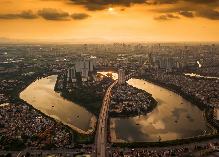 Aerial view of Hanoi cityscape at golden hour