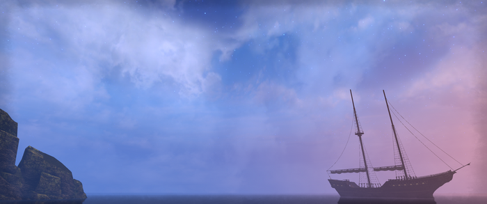 Schooner sailing under a starry, cloudy sky
